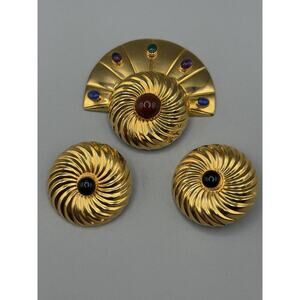 VINTAGE TULLA BOOTH BROOCH EARRINGS SET SEMI‎ PRECIOUS STONES #990